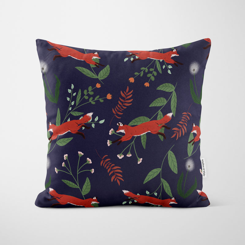 Foxes And Flora Blue Cushion - Handmade Homeware, Made in Britain - Windsor and White
