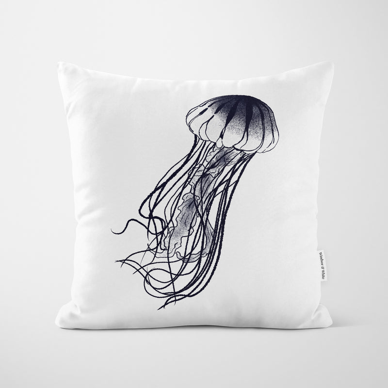 Blue Jellyfish Print White Cushion - Handmade Homeware, Made in Britain - Windsor and White