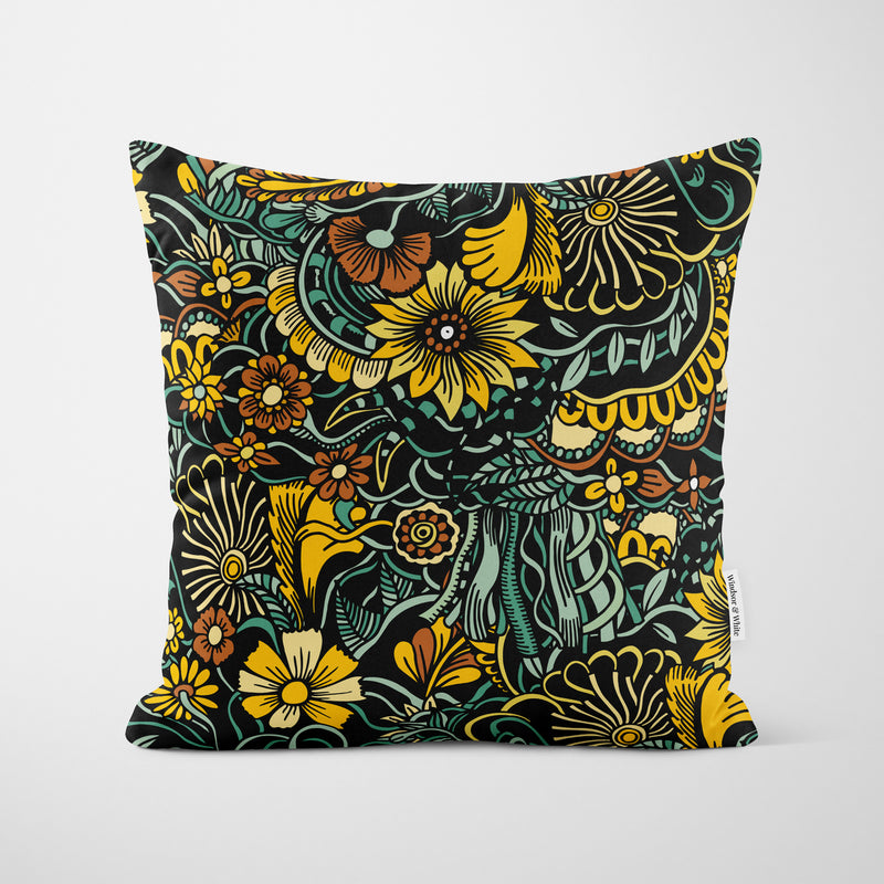Botanical Yellow Quirky Floral Cushion - Handmade Homeware, Made in Britain - Windsor and White