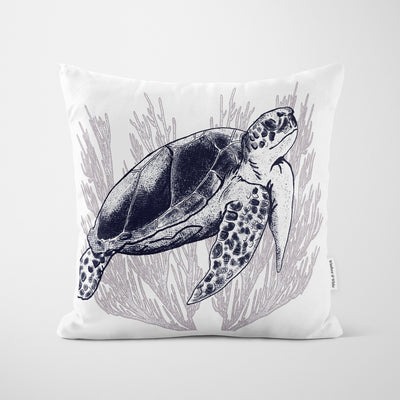 Blue Turtle Print White Cushion - Handmade Homeware, Made in Britain - Windsor and White