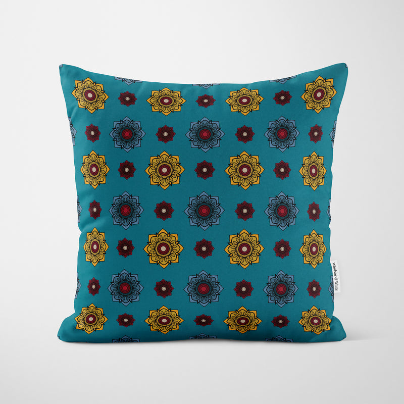 Teal Medallion Pattern Cushion - Handmade Homeware, Made in Britain - Windsor and White