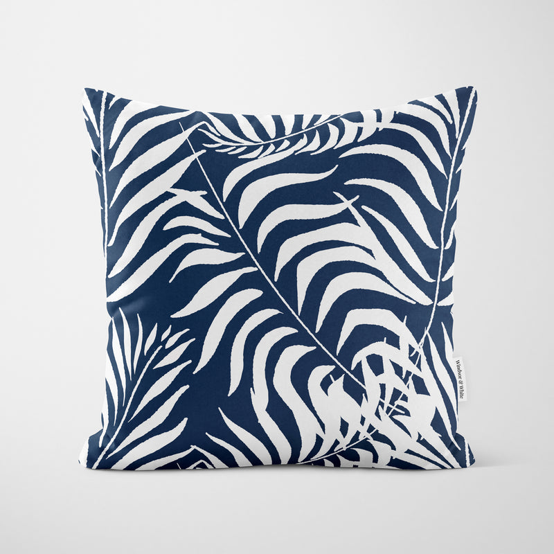 Palm Leaves Dark Blue Cushion - Handmade Homeware, Made in Britain - Windsor and White