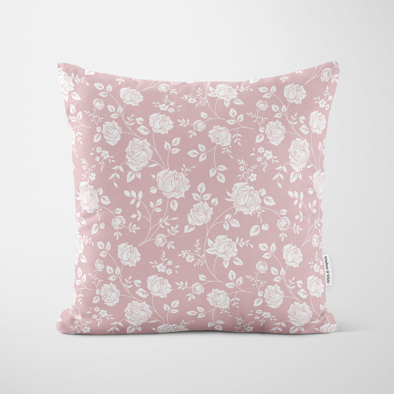 Pink Rose Stencil Pattern Cushion - Handmade Homeware, Made in Britain - Windsor and White