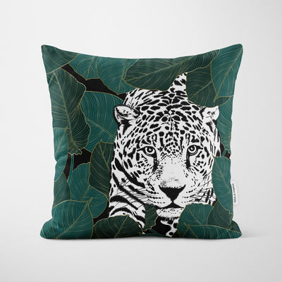 Green Leaves Mono Leopard Cushion - Handmade Homeware, Made in Britain - Windsor and White