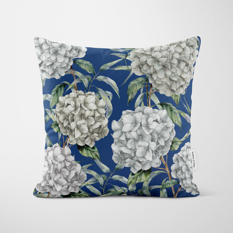 White Hydrangeas Blue Cushion - Handmade Homeware, Made in Britain - Windsor and White