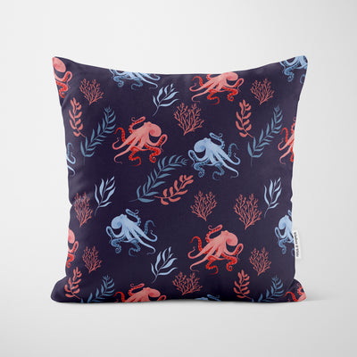 Red Blue Octopus Pattern Cushion - Handmade Homeware, Made in Britain - Windsor and White
