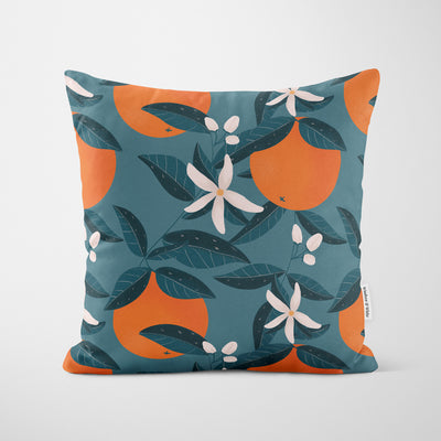 Orange Tree Flower Print Blue Cushion - Handmade Homeware, Made in Britain - Windsor and White