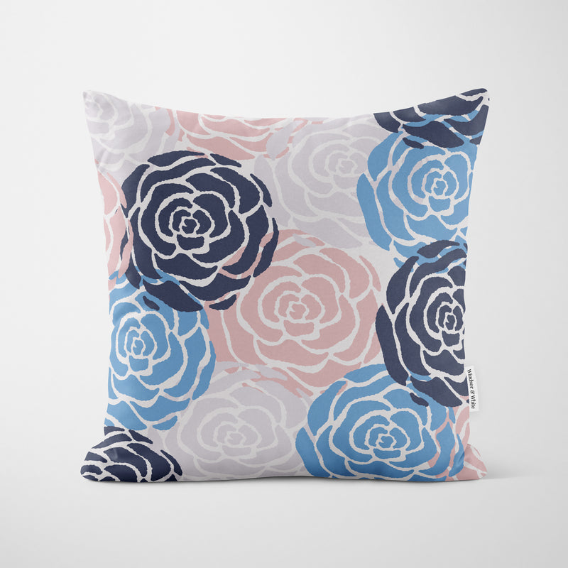 Rose Stamp Pink Blue Cushion - Handmade Homeware, Made in Britain - Windsor and White