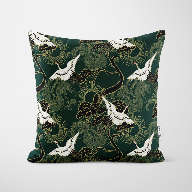 Crane & Dragon Pattern Green Cushion - Handmade Homeware, Made in Britain - Windsor and White