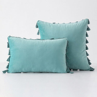 Petrol Blue Velvet Tassle Cushion - Handmade Homeware, Made in Britain - Windsor and White