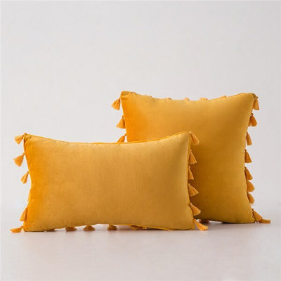 Yellow Gold Velvet Tassle Cushion - Handmade Homeware, Made in Britain - Windsor and White