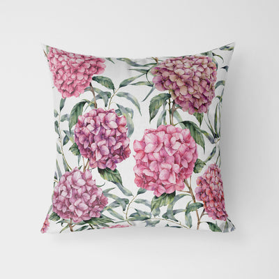 Pink Hydrangeas White Water Resistant Garden Outdoor Cushion - Handmade Homeware, Made in Britain - Windsor and White