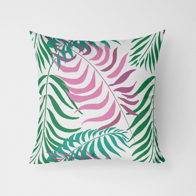 Tropical Palm Leaves White Water Resistant Garden Outdoor Cushion - Handmade Homeware, Made in Britain - Windsor and White