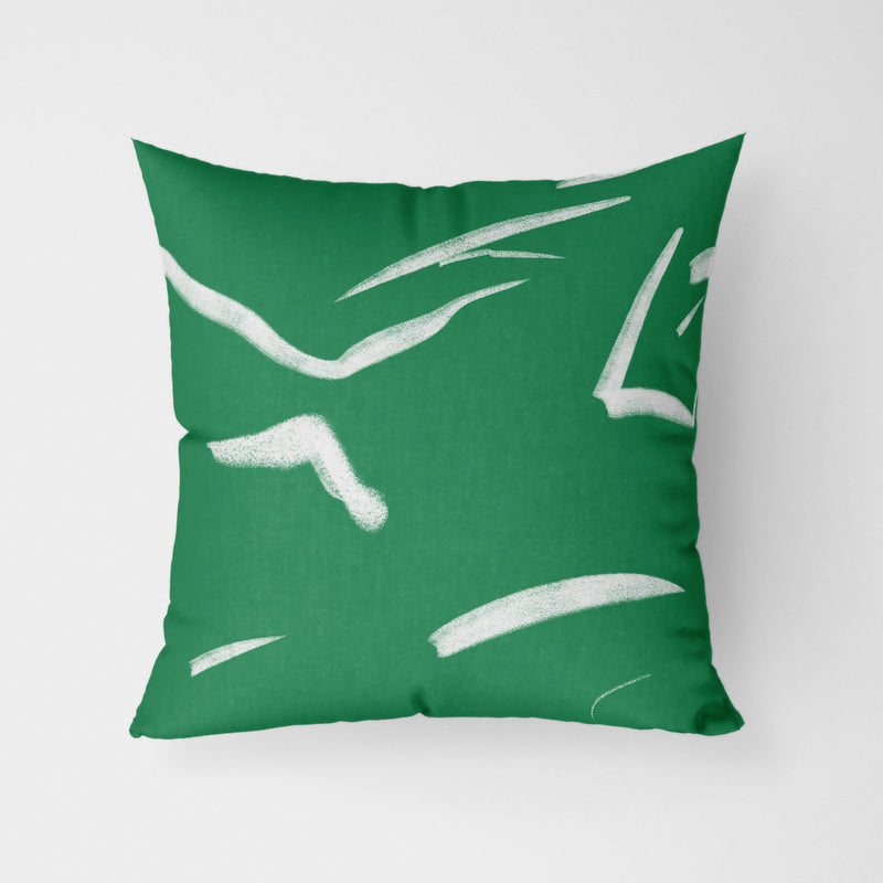 Green Art Strokes Water Resistant Garden Outdoor Cushion - Handmade Homeware, Made in Britain - Windsor and White