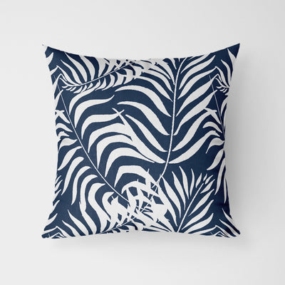 Palm Leaves Dark Blue Water Resistant Garden Outdoor Cushion - Handmade Homeware, Made in Britain - Windsor and White