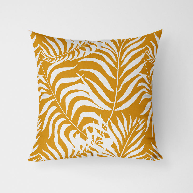 Palm Leaves Mustard Water Resistant Garden Outdoor Cushion - Handmade Homeware, Made in Britain - Windsor and White