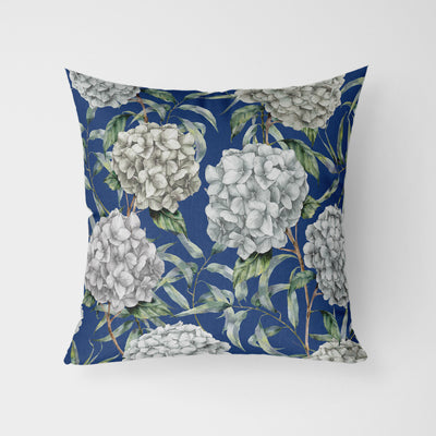 White Hydrangeas Blue Water Resistant Garden Outdoor Cushion - Handmade Homeware, Made in Britain - Windsor and White