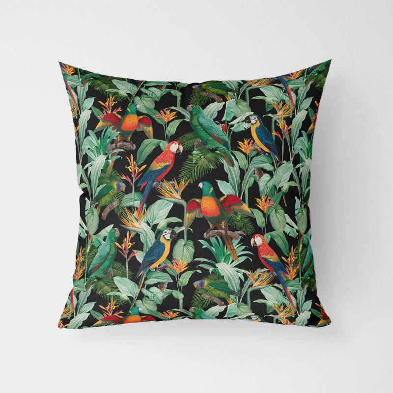 Tropical Birds Black Water Resistant Garden Outdoor Cushion - Handmade Homeware, Made in Britain - Windsor and White