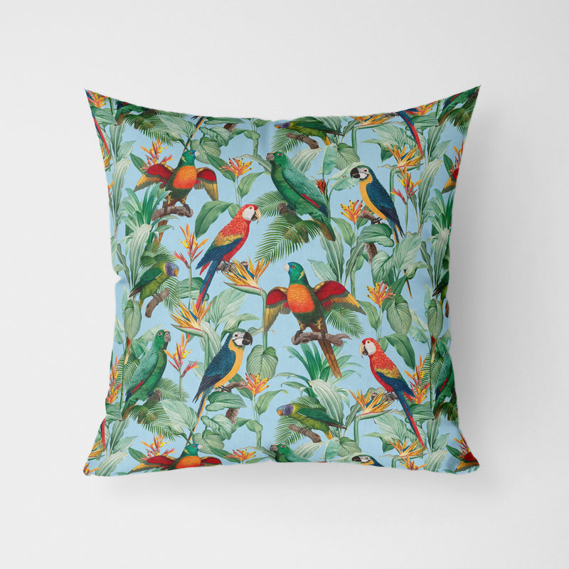 Tropical Birds Blue Water Resistant Garden Outdoor Cushion - Handmade Homeware, Made in Britain - Windsor and White