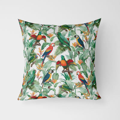 Tropical Birds White Water Resistant Garden Outdoor Cushion - Handmade Homeware, Made in Britain - Windsor and White