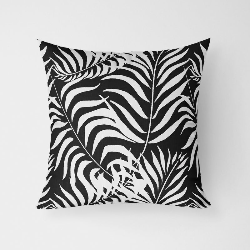 Palm Leaves Black Water Resistant Garden Outdoor Cushion - Handmade Homeware, Made in Britain - Windsor and White
