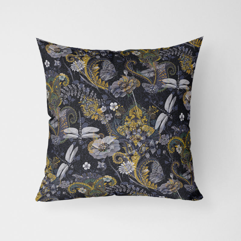 Dragonfly Dark Floral Water Resistant Garden Outdoor Cushion - Handmade Homeware, Made in Britain - Windsor and White