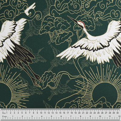 Flying Cranes Green Fabric - Handmade Homeware, Made in Britain - Windsor and White