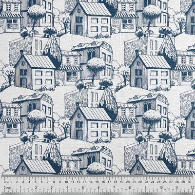 Blue White Town Pattern Fabric - Handmade Homeware, Made in Britain - Windsor and White