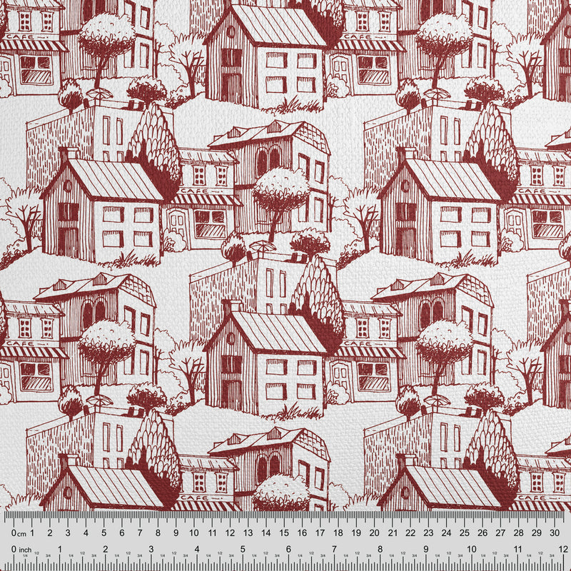 Burgundy White Town Pattern Fabric - Handmade Homeware, Made in Britain - Windsor and White