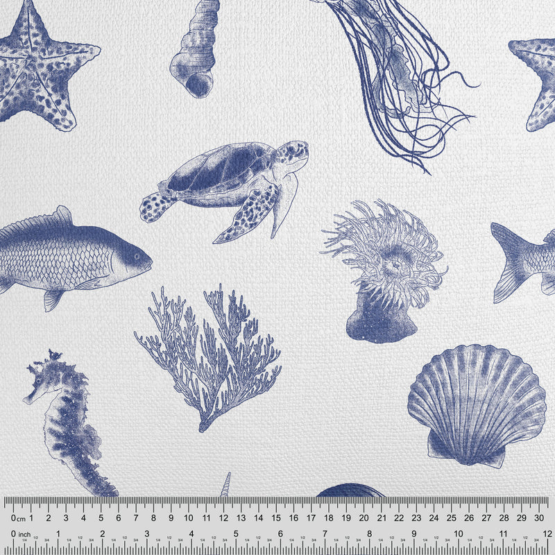 Blue Sea Life Print White Cushion - Handmade Homeware, Made in Britain - Windsor and White