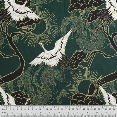 Crane & Dragon Pattern Green Fabric - Handmade Homeware, Made in Britain - Windsor and White