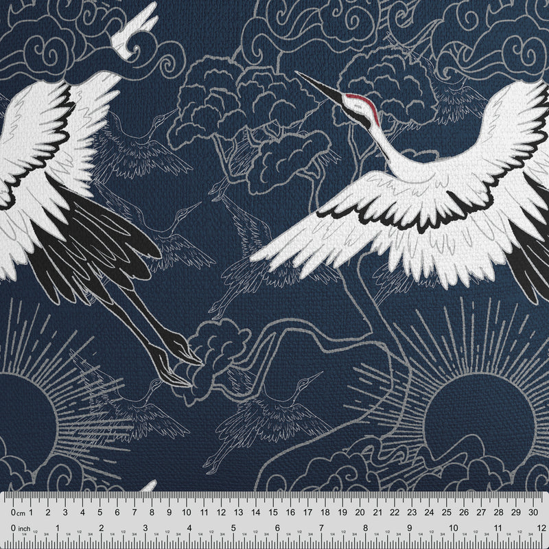 Flying Cranes Navy Blue Fabric - Handmade Homeware, Made in Britain - Windsor and White