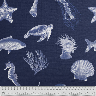 White Sea Life Print Blue Fabric - Handmade Homeware, Made in Britain - Windsor and White